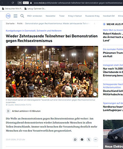 Veröffentlichung bei Redaktionsnetzwerk Deutschland RND von Kundgebung gegen Rechts in Darmstadt auf dem Karolinenplatz mit über 17.000 Teilnehmer:innen ( © HEN-FOTO )