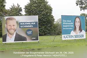 Zur Stichwahl für das Amt des Bürgermeisters treten am 26.10.2025 an: Katrin Seeger und Maximilian Schimmel (Fotogalerie © Peter Henrich / HEN-FOTO) Zur Stichwahl für das Amt des Bürgermeisters treten am 26.10.2025 an: Katrin Seeger und Maximilian Schimmel (Fotogalerie © Peter Henrich / HEN-FOTO)