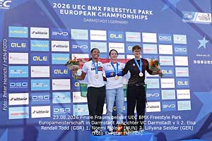 23.08.2026 Finale Frauen bei der UEC BMX Freestyle Park Europameisterschaft in Darmstadt Ausrichter VC Darmstadt v li 2. Elsa Rendall Todd (GBR) 1. Noemi Molnar (HUN) 3. Lillyana Seidler (GER) (Foto: Peter Henrich) 23.08.2026 Finale Frauen bei der UEC BMX Freestyle Park Europameisterschaft in Darmstadt Ausrichter VC Darmstadt v li 2. Elsa Rendall Todd (GBR) 1. Noemi Molnar (HUN) 3. Lillyana Seidler (GER) (Foto: Peter Henrich)