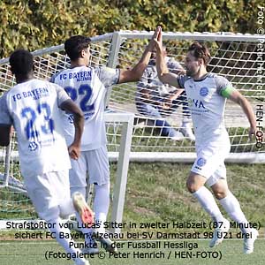 Strafstoßtor von Lucas Sitter in zweiter Halbzeit (87. Minute) sichert FC Bayern Alzenau bei SV Darmstadt 98 U21 drei Punkte in der Fussball Hessliga (Fotogalerie © Peter Henrich / HEN-FOTO) Strafstoßtor von Lucas Sitter in zweiter Halbzeit (87. Minute) sichert FC Bayern Alzenau bei SV Darmstadt 98 U21 drei Punkte in der Fussball Hessliga (Fotogalerie © Peter Henrich / HEN-FOTO)